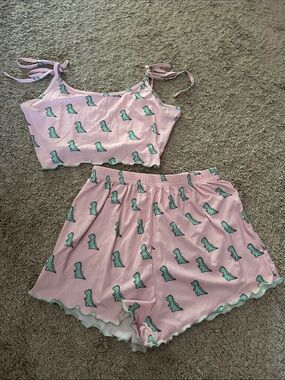 SHEIN Pink Pajama Set with Teal Dinosaur Print - Crop Tank & Shorts